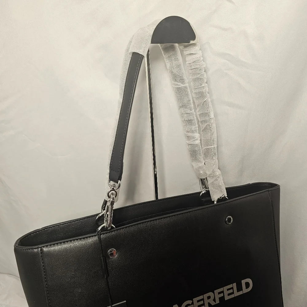 Karl Lagerfeld Paris Adele Black Zipperred Double Handled Tote Bag - Picture 6 of 9